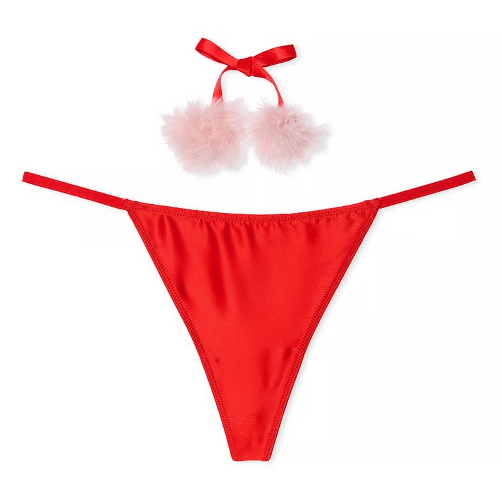 Victoria's Secret Red Thong with Pink Fluffy Accents